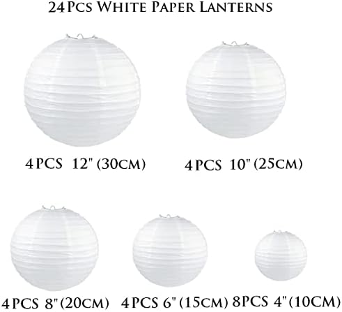 24 Db Fehér Papír Lámpások (Méret 12, 10, 8, 6,4)- Kerek Kínai/Japán Lóg Papír Lámpaernyők az Esküvő, Születésnapi, Karácsonyi