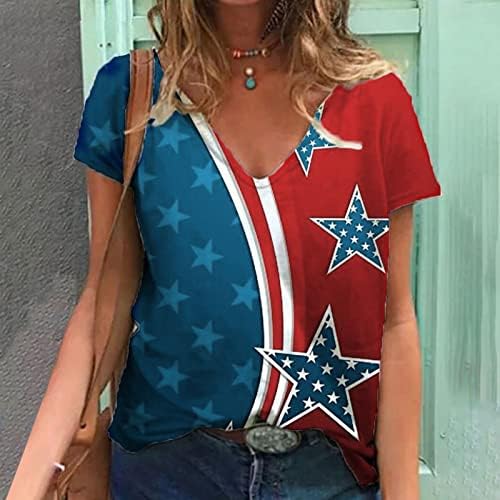 Plus Size Nyári Amerikai Zászló Maximum a Nők Klasszikus V-Nyak Tshirts Rövid Ujjú Aranyos Hazafias Maximum Blúz