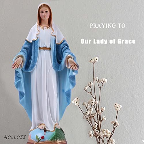 HOLLOII Boldogságos Szűz Mária Szobor 19 Hüvelyk Ragyogó Kék Ruha Our Lady of Grace Vallási Gyanta Haza Dekoratív Mária Szobrocska