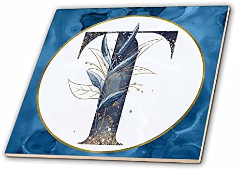 3dRose Monogram T Kék Kép Akvarell Kép Arany Levelek - Csempe (ct_349927_1)