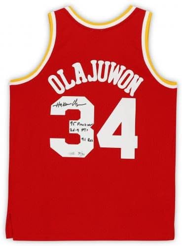 Hakeem Olajuwon Houston Rockets Dedikált Piros 1993-94 Mitchell & Ness-i Replika Jersey Több Feliratok - Limitált Kiadás